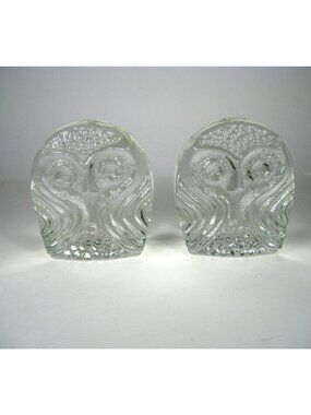 Mid Century Modern Clear Glass Owl Bookends Pair Vintage Heavy Textured